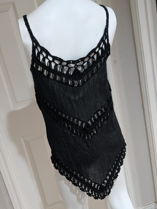 Black Crochet-Trim Acrylic Cut-Out Sleeveless Women's Tunic Cover-Up Women's S/M