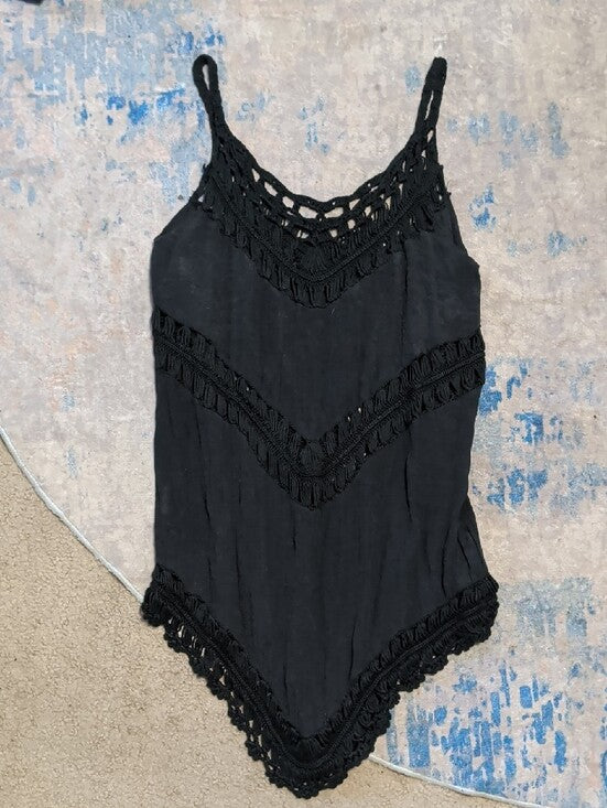 Black Crochet-Trim Acrylic Cut-Out Sleeveless Women's Tunic Cover-Up Women's S/M