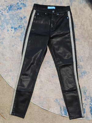 7 For All Mankind Black Coated Shiny Skinny Pants w/ Silver Side Trim Women's 25