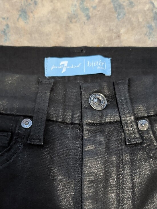 7 For All Mankind Black Coated Shiny Skinny Pants w/ Silver Side Trim Women's 25