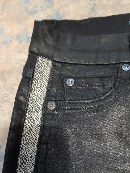 7 For All Mankind Black Coated Shiny Skinny Pants w/ Silver Side Trim Women's 25