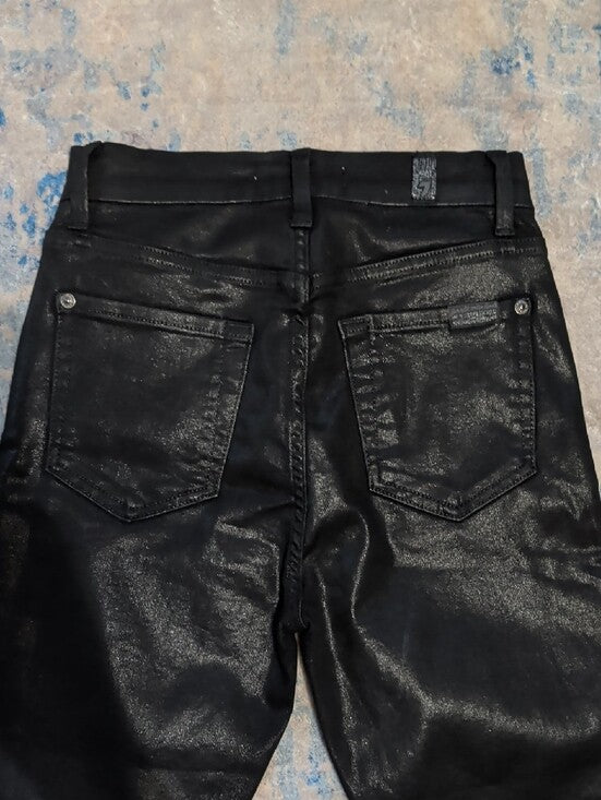 7 For All Mankind Black Coated Shiny Skinny Pants w/ Silver Side Trim Women's 25
