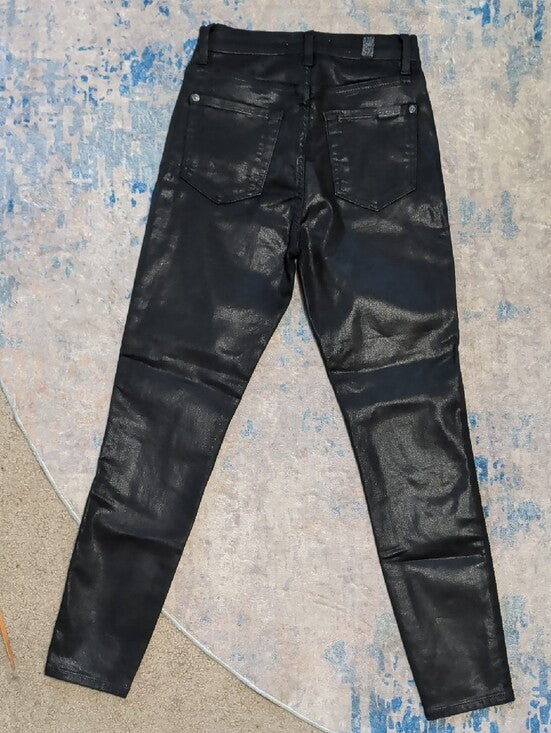7 For All Mankind Black Coated Shiny Skinny Pants w/ Silver Side Trim Women's 25