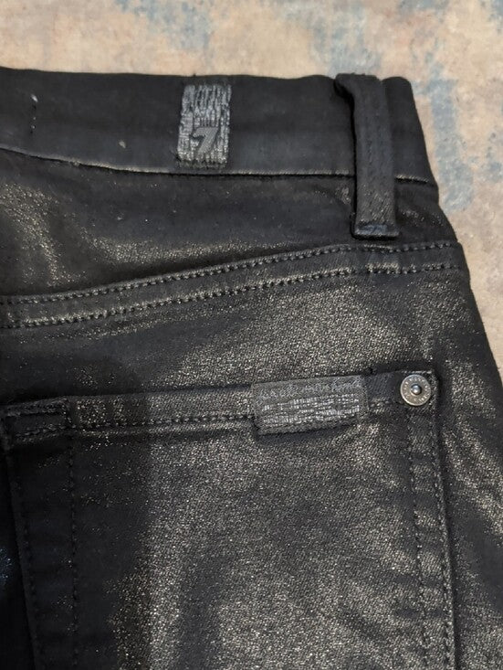 7 For All Mankind Black Coated Shiny Skinny Pants w/ Silver Side Trim Women's 25