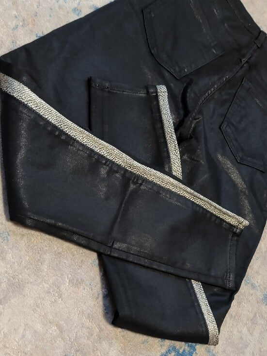 7 For All Mankind Black Coated Shiny Skinny Pants w/ Silver Side Trim Women's 25