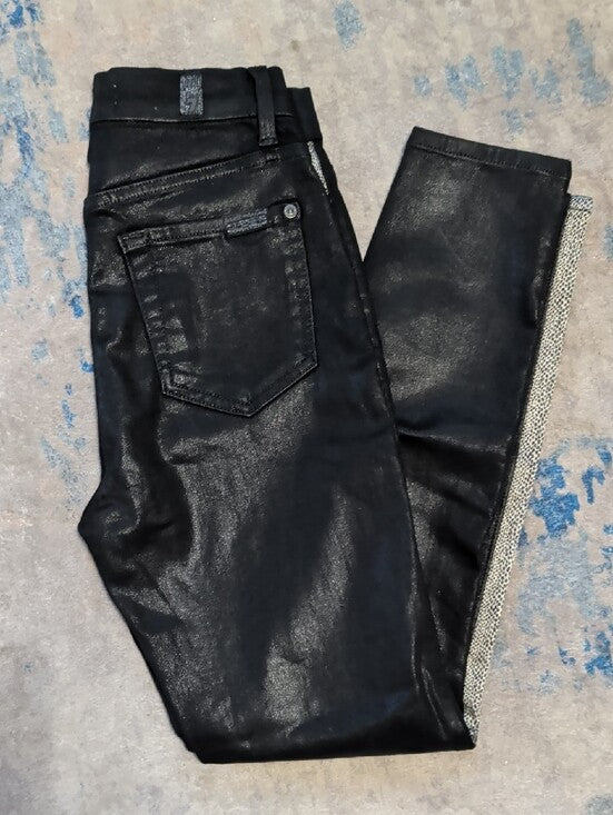 7 For All Mankind Black Coated Shiny Skinny Pants w/ Silver Side Trim Women's 25