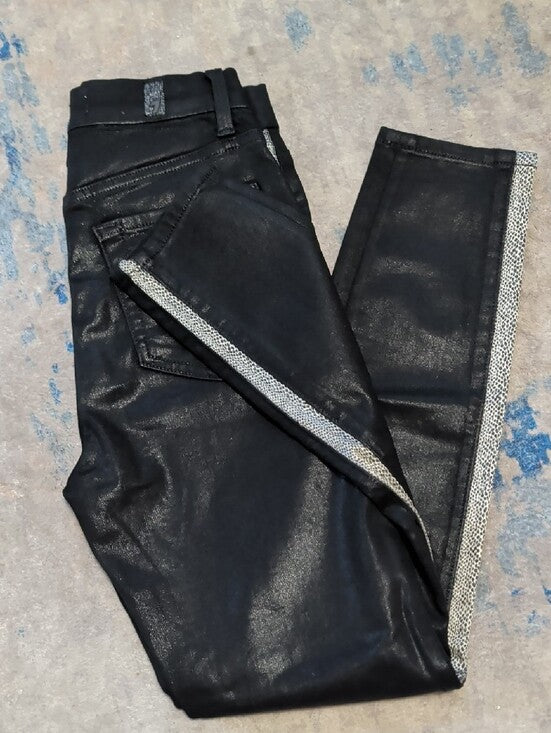 7 For All Mankind Black Coated Shiny Skinny Pants w/ Silver Side Trim Women's 25