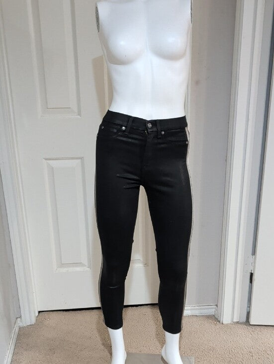 7 For All Mankind Black Coated Shiny Skinny Pants w/ Silver Side Trim Women's 25