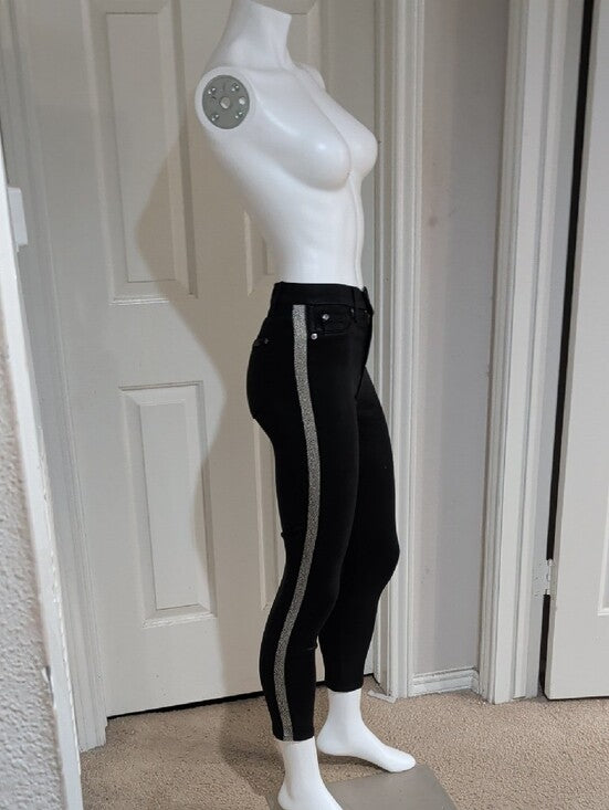 7 For All Mankind Black Coated Shiny Skinny Pants w/ Silver Side Trim Women's 25
