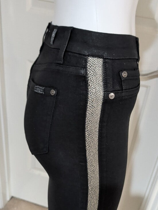 7 For All Mankind Black Coated Shiny Skinny Pants w/ Silver Side Trim Women's 25