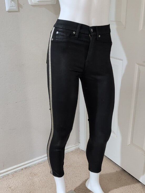 7 For All Mankind Black Coated Shiny Skinny Pants w/ Silver Side Trim Women's 25