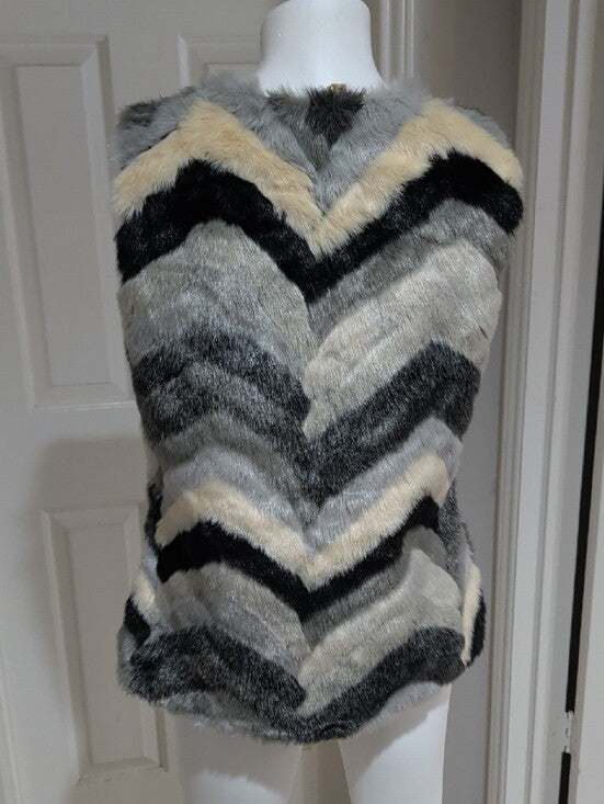 Entro Chevron Faux Fur Vest in Black, Gray & Cream Colorblock Y2K Women's Medium