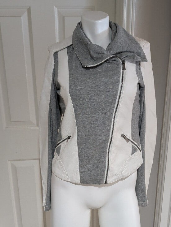 BKE Gray and Off-White Mixed-Material Retro Moto Jacket Women's Small