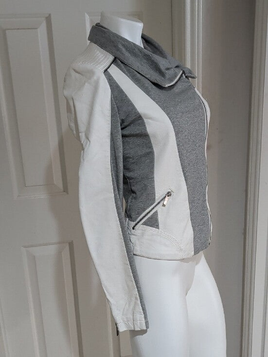 BKE Gray and Off-White Mixed-Material Retro Moto Jacket Women's Small
