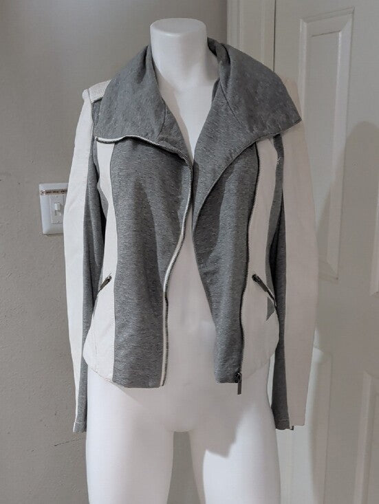 BKE Gray and Off-White Mixed-Material Retro Moto Jacket Women's Small