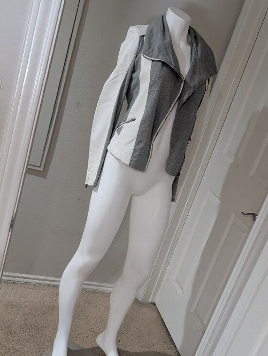 BKE Gray and Off-White Mixed-Material Retro Moto Jacket Women's Small