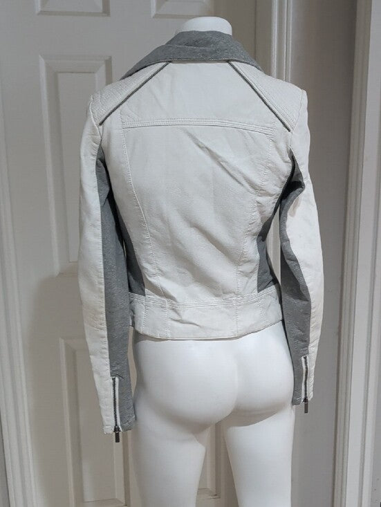 BKE Gray and Off-White Mixed-Material Retro Moto Jacket Women's Small