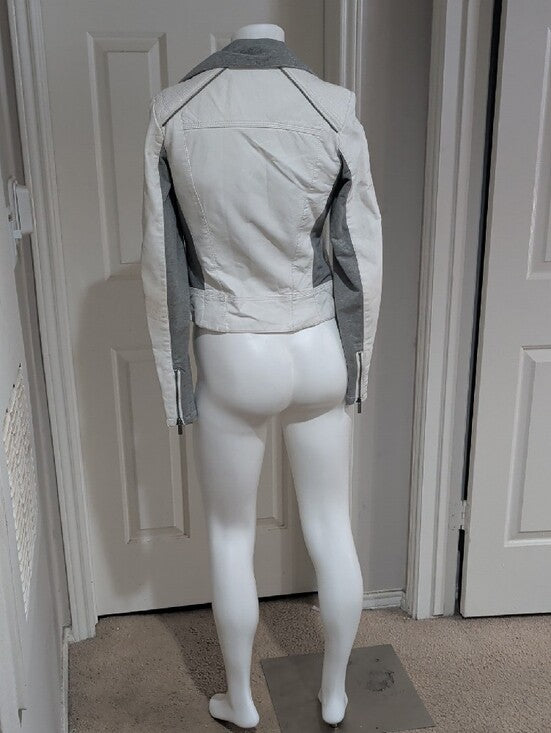 BKE Gray and Off-White Mixed-Material Retro Moto Jacket Women's Small