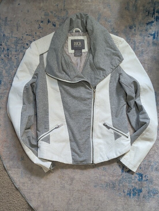 BKE Gray and Off-White Mixed-Material Retro Moto Jacket Women's Small