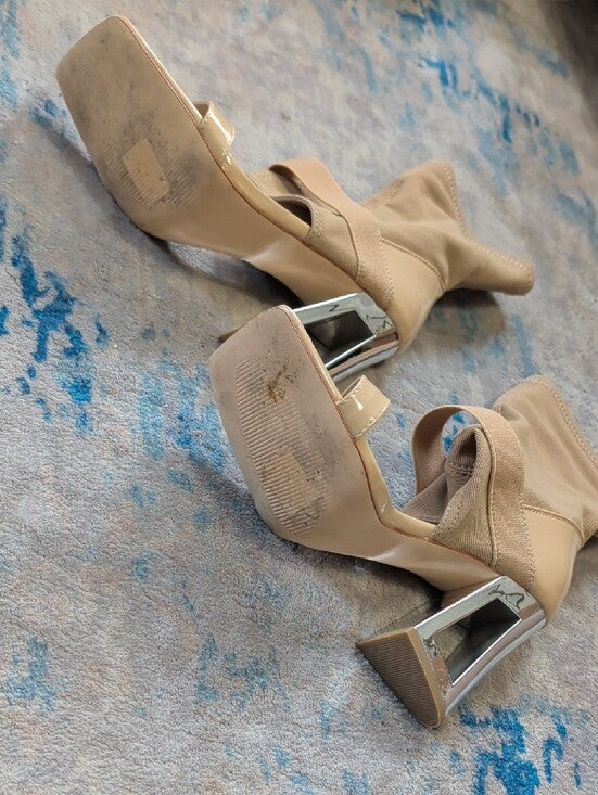 Azalea Wang Nude Stretch Sock Sandal Heels w/ Metallic Block Heelk Women's 7 US