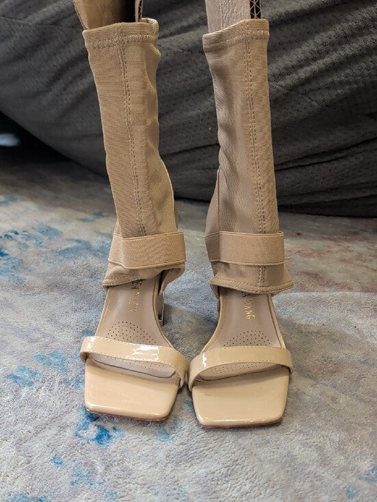 Azalea Wang Nude Stretch Sock Sandal Heels w/ Metallic Block Heelk Women's 7 US