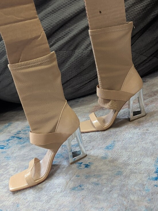 Azalea Wang Nude Stretch Sock Sandal Heels w/ Metallic Block Heelk Women's 7 US