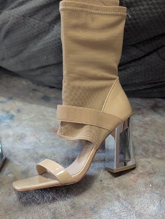 Azalea Wang Nude Stretch Sock Sandal Heels w/ Metallic Block Heelk Women's 7 US