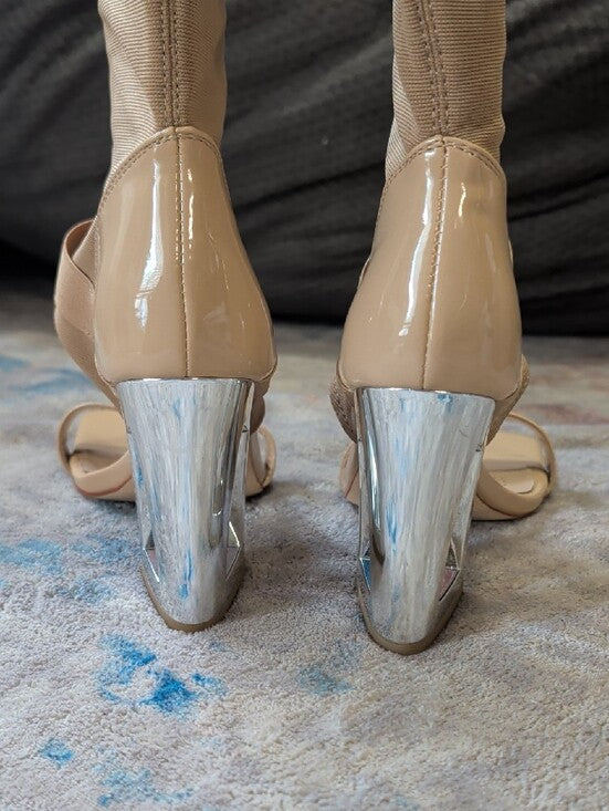 Azalea Wang Nude Stretch Sock Sandal Heels w/ Metallic Block Heelk Women's 7 US