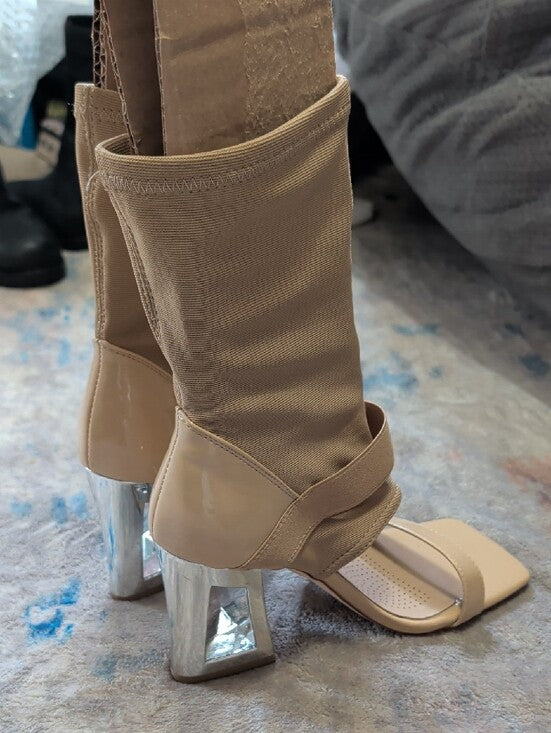 Azalea Wang Nude Stretch Sock Sandal Heels w/ Metallic Block Heelk Women's 7 US