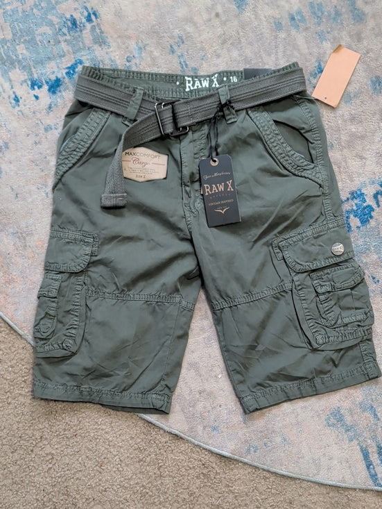 NWT Raw X Jeans Kids Olive Cargo Shorts with Utility Belt Boys 16 New