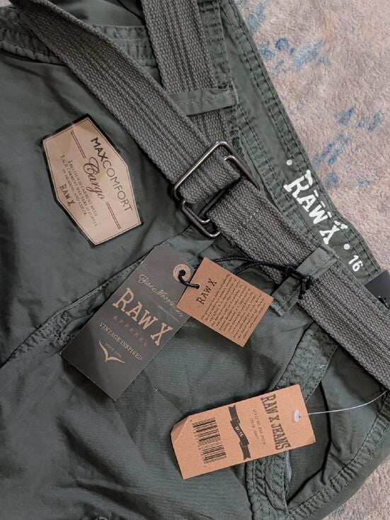 NWT Raw X Jeans Kids Olive Cargo Shorts with Utility Belt Boys 16 New