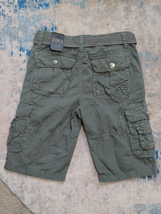 NWT Raw X Jeans Kids Olive Cargo Shorts with Utility Belt Boys 16 New