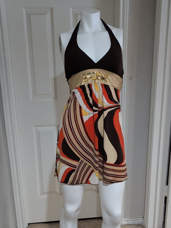 Retro Wet Seal Brwn Halter Mini Dress W Gold Band & Multicolor Swirl Skirt VTG S
