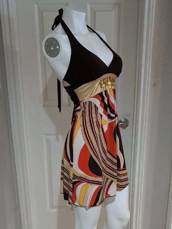Retro Wet Seal Brwn Halter Mini Dress W Gold Band & Multicolor Swirl Skirt VTG S