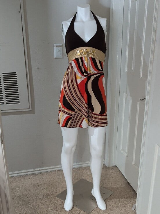 Retro Wet Seal Brwn Halter Mini Dress W Gold Band & Multicolor Swirl Skirt VTG S