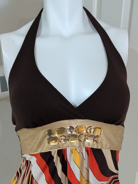 Retro Wet Seal Brwn Halter Mini Dress W Gold Band & Multicolor Swirl Skirt VTG S