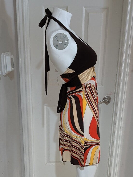 Retro Wet Seal Brwn Halter Mini Dress W Gold Band & Multicolor Swirl Skirt VTG S
