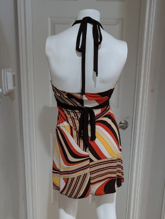 Retro Wet Seal Brwn Halter Mini Dress W Gold Band & Multicolor Swirl Skirt VTG S