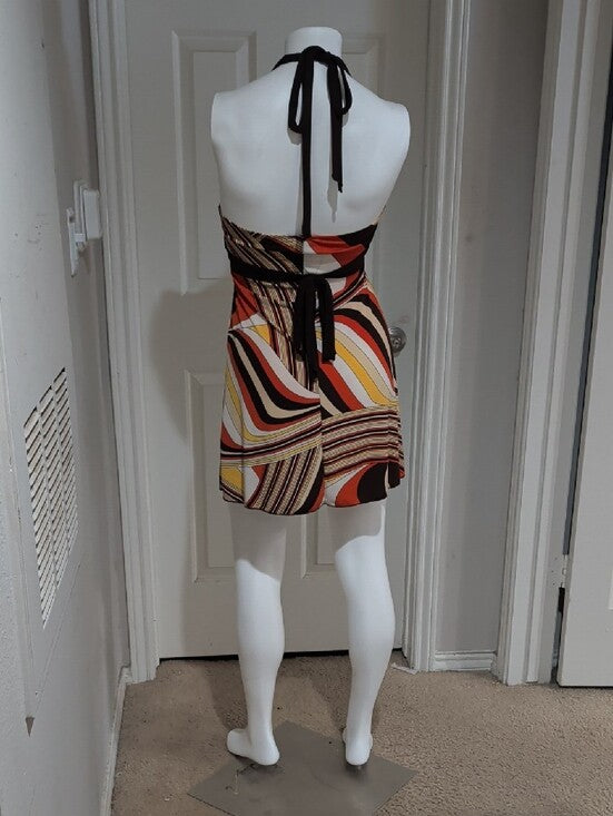 Retro Wet Seal Brwn Halter Mini Dress W Gold Band & Multicolor Swirl Skirt VTG S