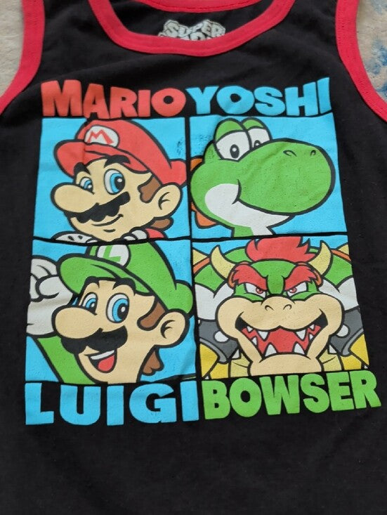 Nintendo Black Tank Top with Red Trim and Colorful Mario Cast Print Boys Small