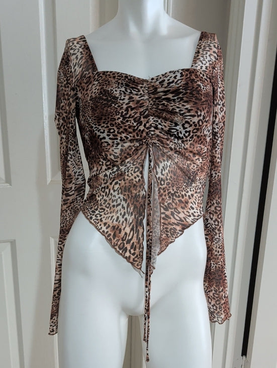 Mixed Threads LA Brown Leopard Ruched Tie-Front Long Sleeve Crop Top Women's M