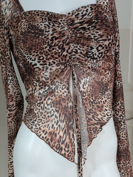 Mixed Threads LA Brown Leopard Ruched Tie-Front Long Sleeve Crop Top Women's M
