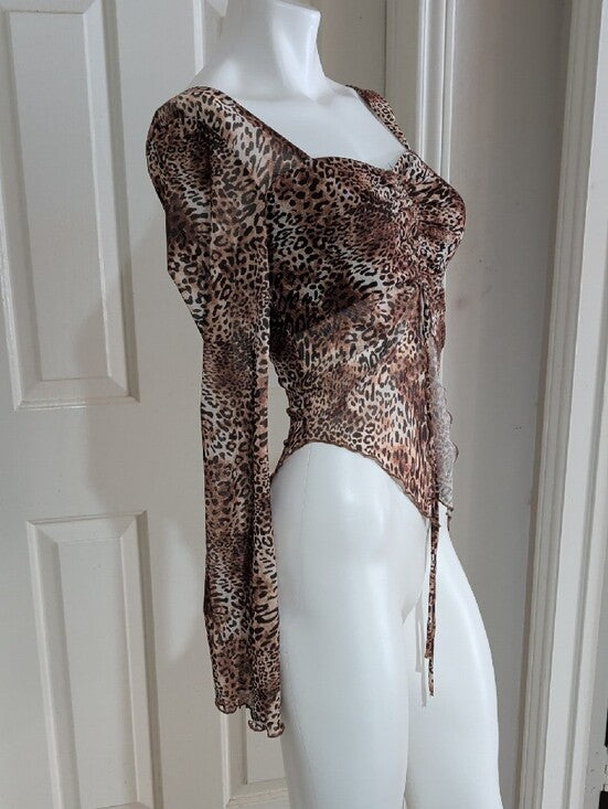 Mixed Threads LA Brown Leopard Ruched Tie-Front Long Sleeve Crop Top Women's M