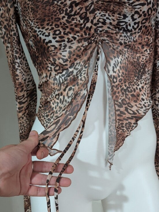 Mixed Threads LA Brown Leopard Ruched Tie-Front Long Sleeve Crop Top Women's M