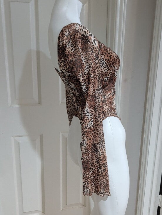 Mixed Threads LA Brown Leopard Ruched Tie-Front Long Sleeve Crop Top Women's M