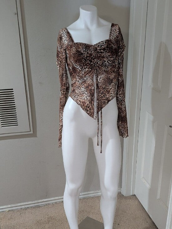 Mixed Threads LA Brown Leopard Ruched Tie-Front Long Sleeve Crop Top Women's M