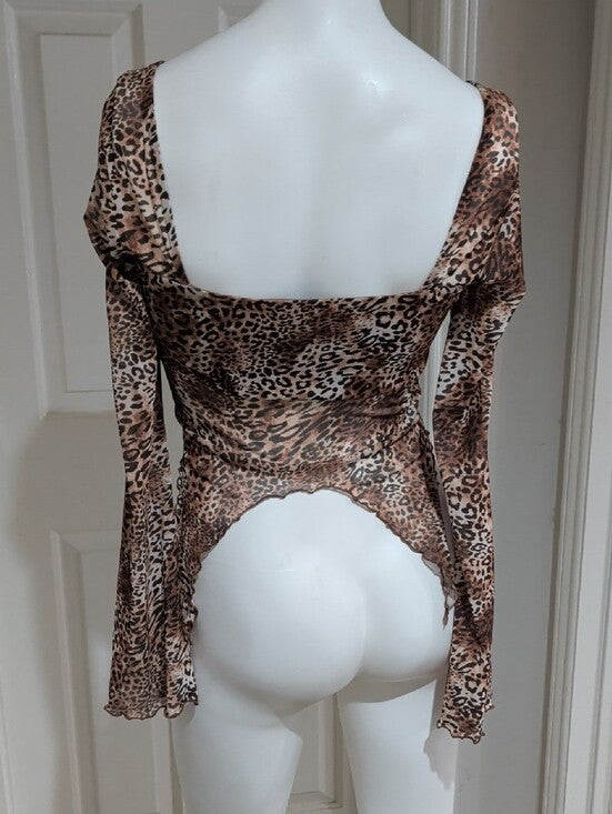 Mixed Threads LA Brown Leopard Ruched Tie-Front Long Sleeve Crop Top Women's M