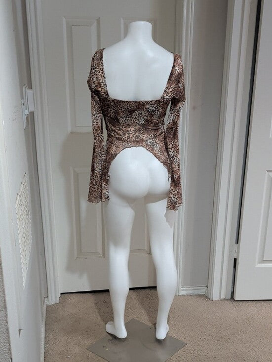 Mixed Threads LA Brown Leopard Ruched Tie-Front Long Sleeve Crop Top Women's M