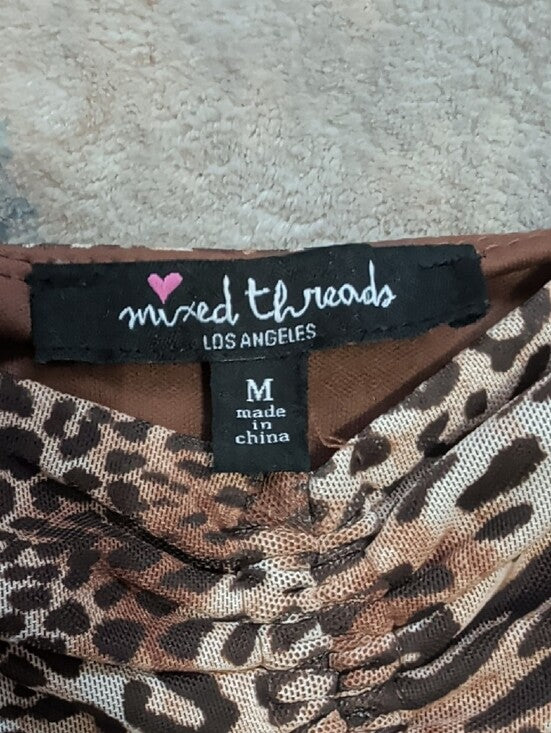 Mixed Threads LA Brown Leopard Ruched Tie-Front Long Sleeve Crop Top Women's M