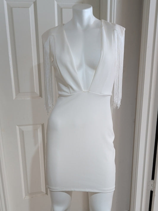 NWT Valiant Paris Chic White Fringe Sleeve Plunge Mini Dress Women's Medium